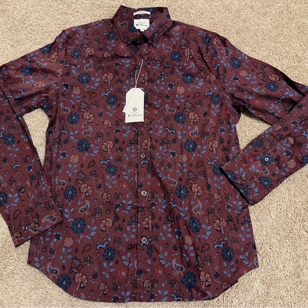 Ben Sherman Burgundy and Blue Floral Casual Button Down Shirt Mens Medium NWT*